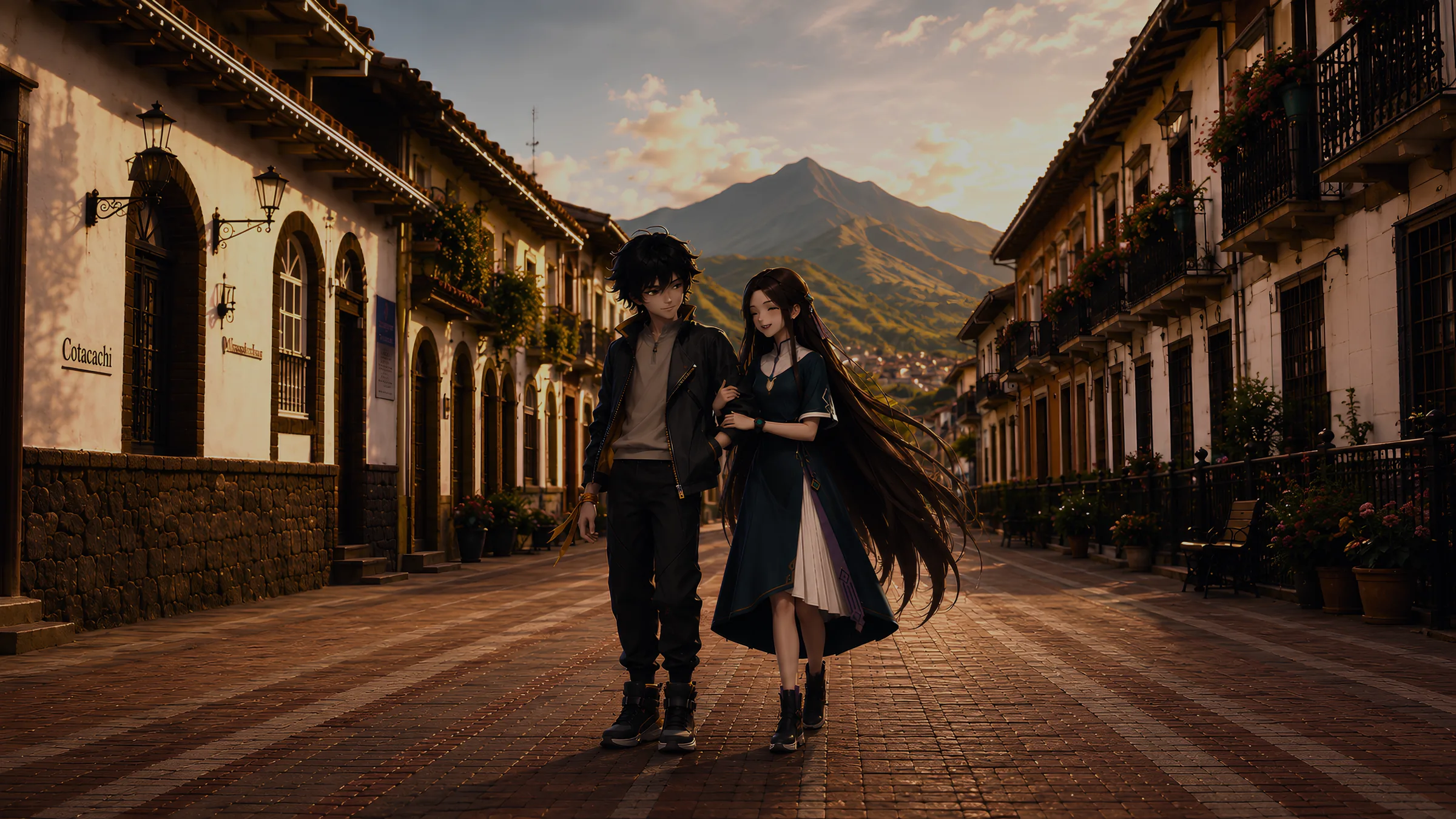 Kamay and Sami walk down a colonial street at dusk, a volcano closing the view.