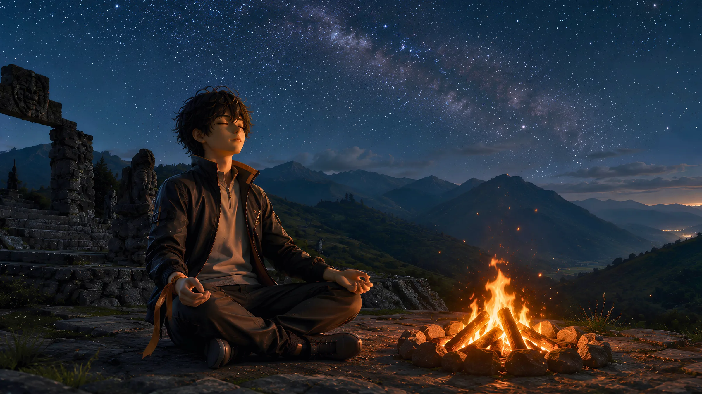Kamay sits in meditation beside a fire, under the Milky Way.