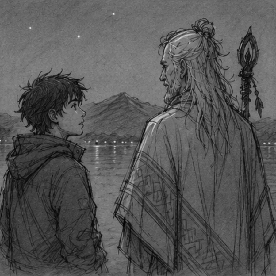 The boy looks up at the yachak, who keeps facing the water with his carved staff at his side.