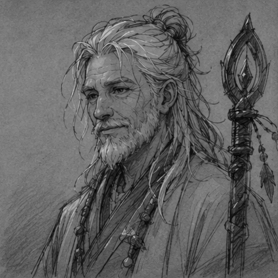 Close-up of the yachak, white hair and beard, his carved staff beside him.