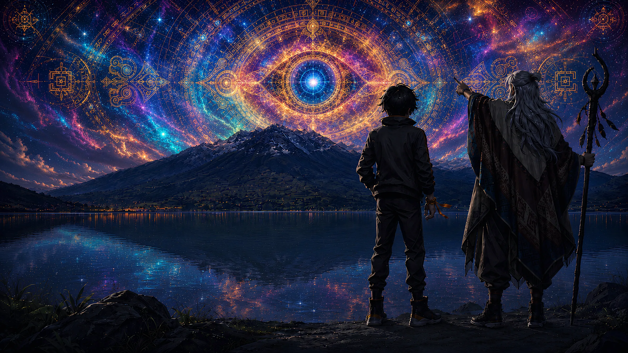The same lake, with the night sky opened into a vast eye of light.
